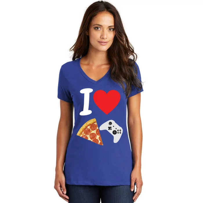 Video Games Gamer Love Pizza Cheese Boys Slice Controller Cute Gift Women's V-Neck T-Shirt