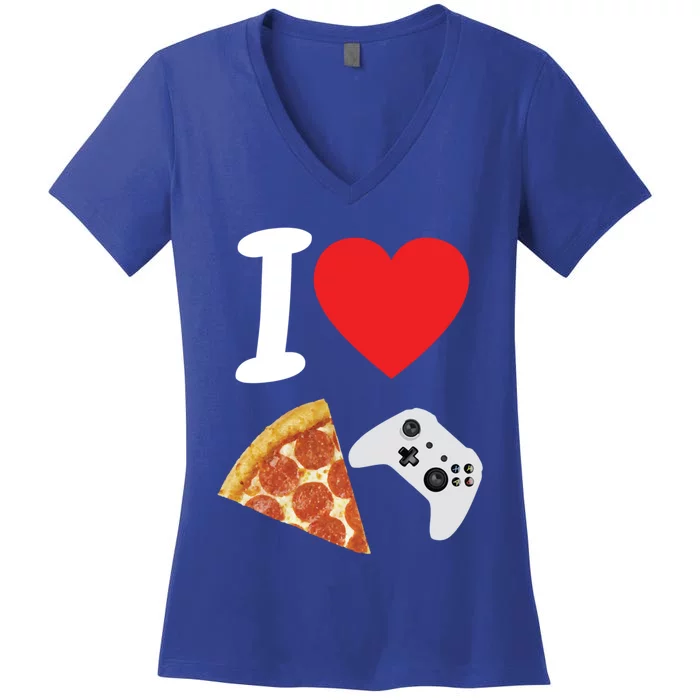 Video Games Gamer Love Pizza Cheese Boys Slice Controller Cute Gift Women's V-Neck T-Shirt