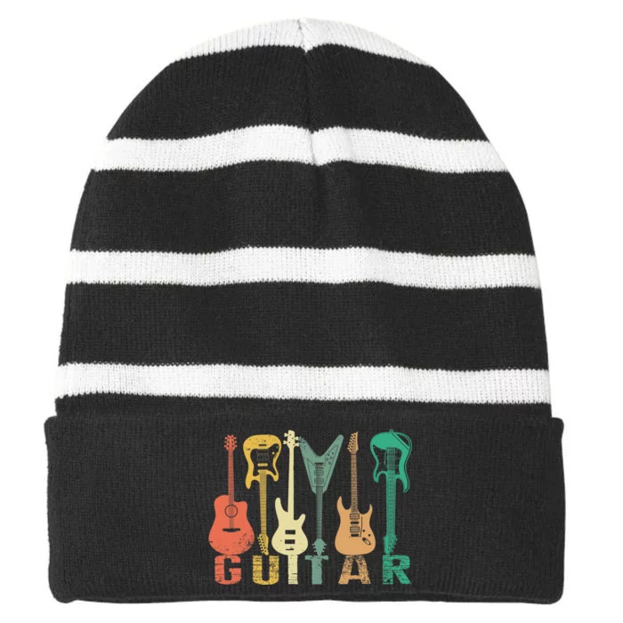 Vintage Guitar Gift Music Band Guitarist Stuff Striped Beanie with Solid Band