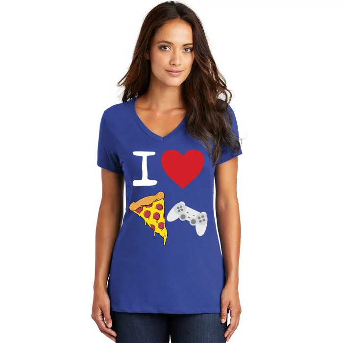 Video Games Gamer Love Pizza Cheese Slice Controller Cool Gift Women's V-Neck T-Shirt