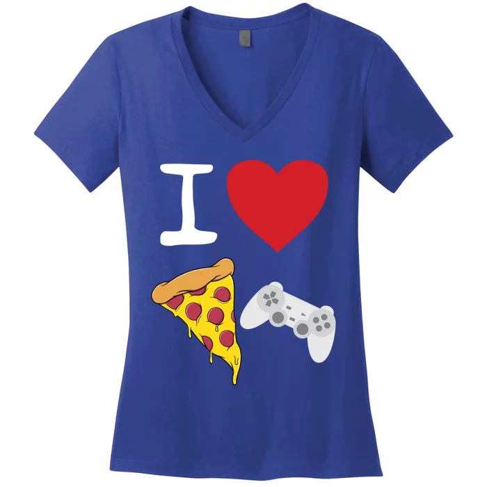 Video Games Gamer Love Pizza Cheese Slice Controller Cool Gift Women's V-Neck T-Shirt