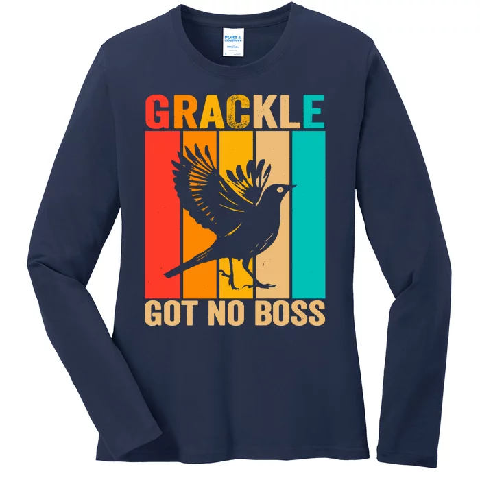 Vintage Grackle Got No Boss Funny Bird Lover  wo Ladies Long Sleeve Shirt