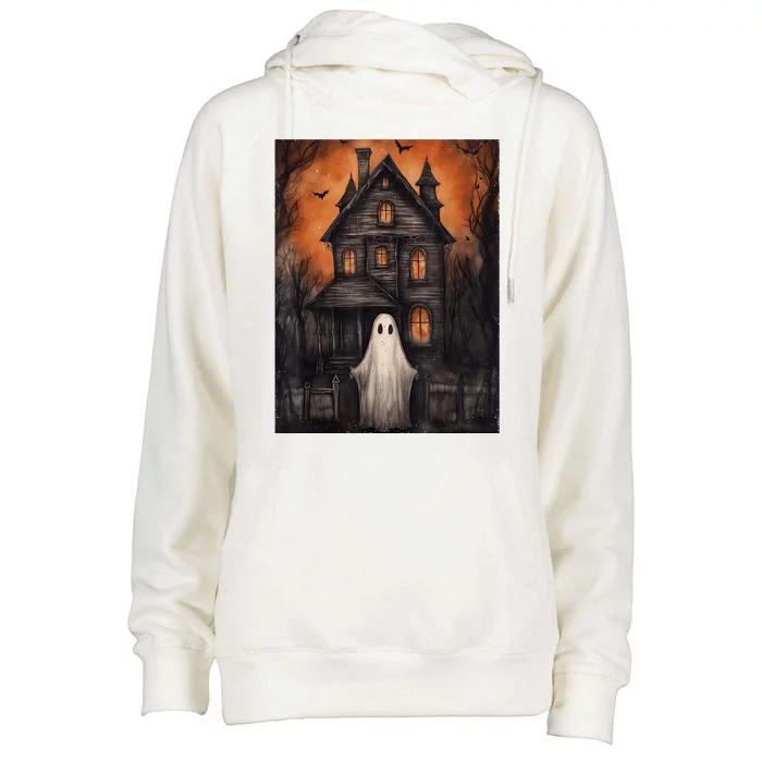 Vintage Ghost Haunted House Halloween Spooky Womens Funnel Neck Pullover Hood