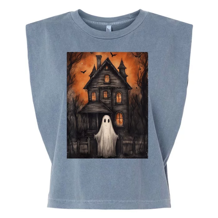 Vintage Ghost Haunted House Halloween Spooky Garment-Dyed Women's Muscle Tee