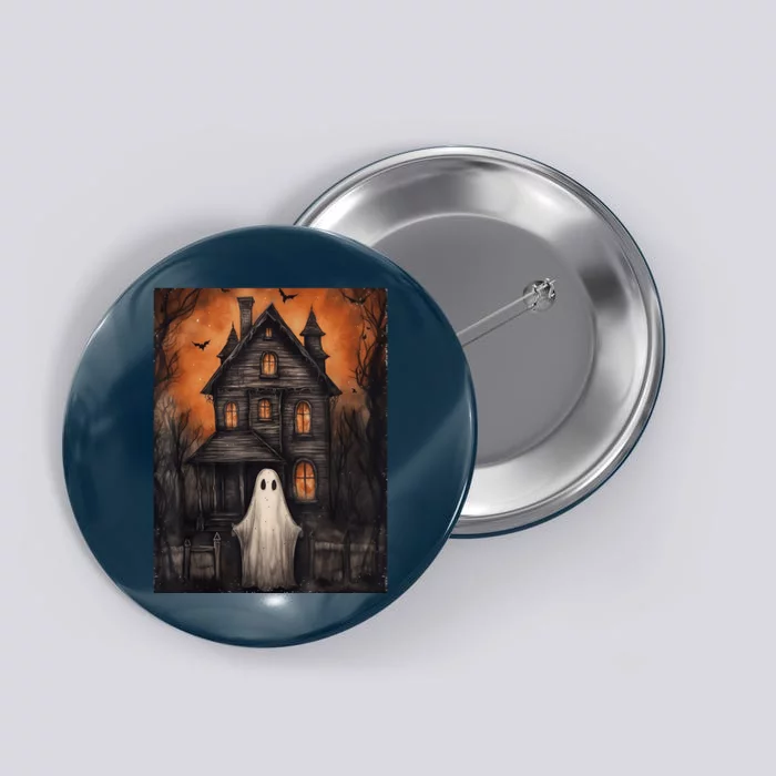 Vintage Ghost Haunted House Halloween Spooky Button