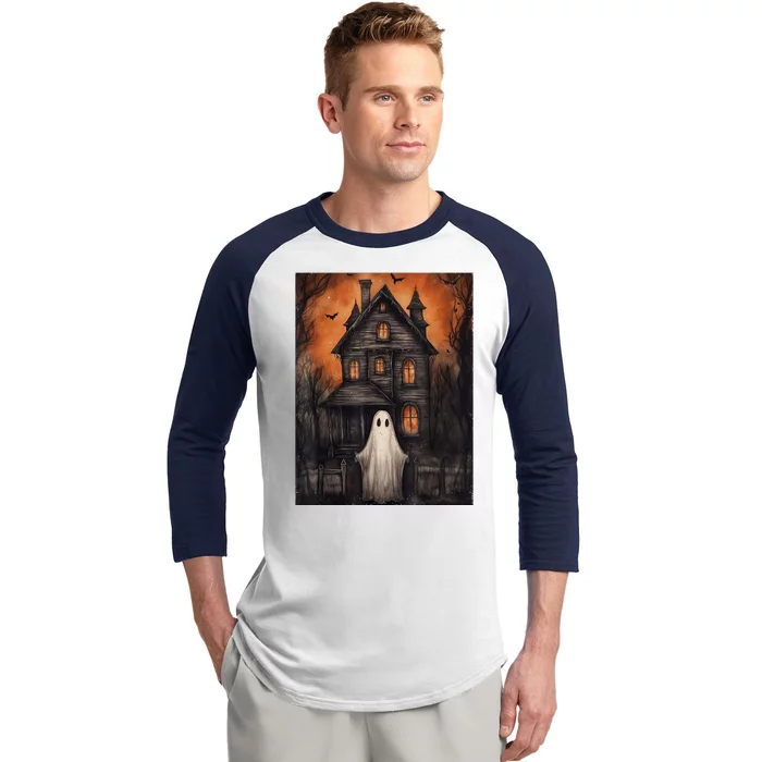 Vintage Ghost Haunted House Halloween Spooky Baseball Sleeve Shirt