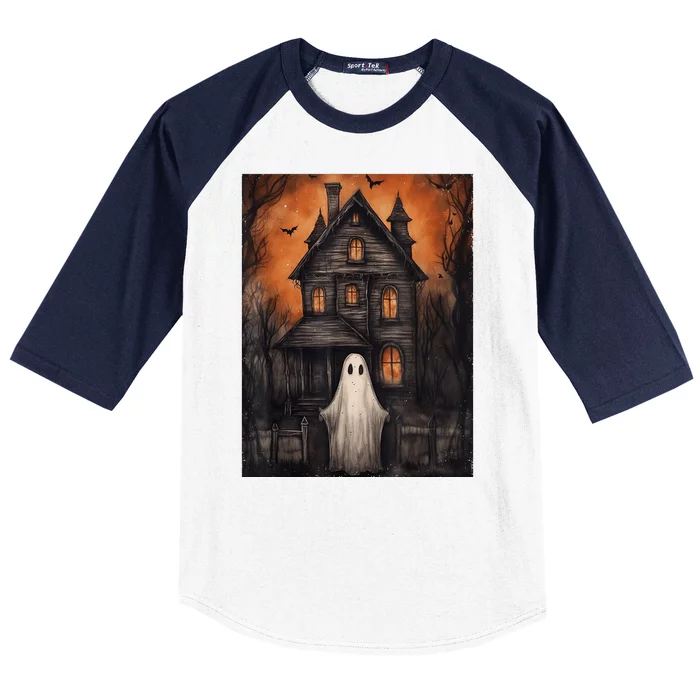 Vintage Ghost Haunted House Halloween Spooky Baseball Sleeve Shirt