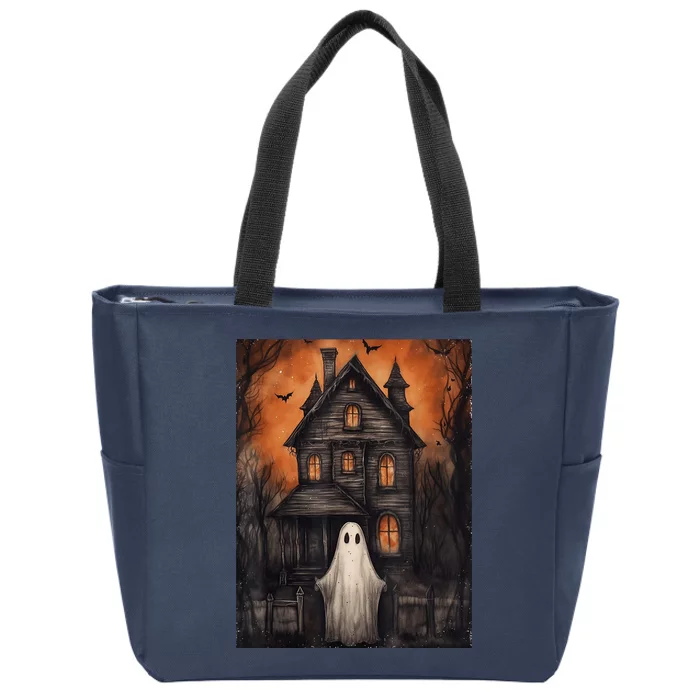 Vintage Ghost Haunted House Halloween Spooky Zip Tote Bag