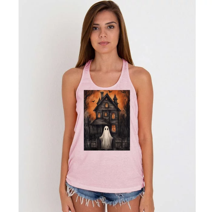 Vintage Ghost Haunted House Halloween Spooky Women's Knotted Racerback Tank