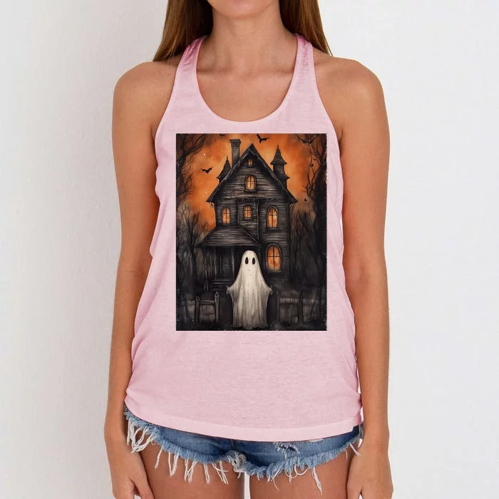 Vintage Ghost Haunted House Halloween Spooky Women's Knotted Racerback Tank