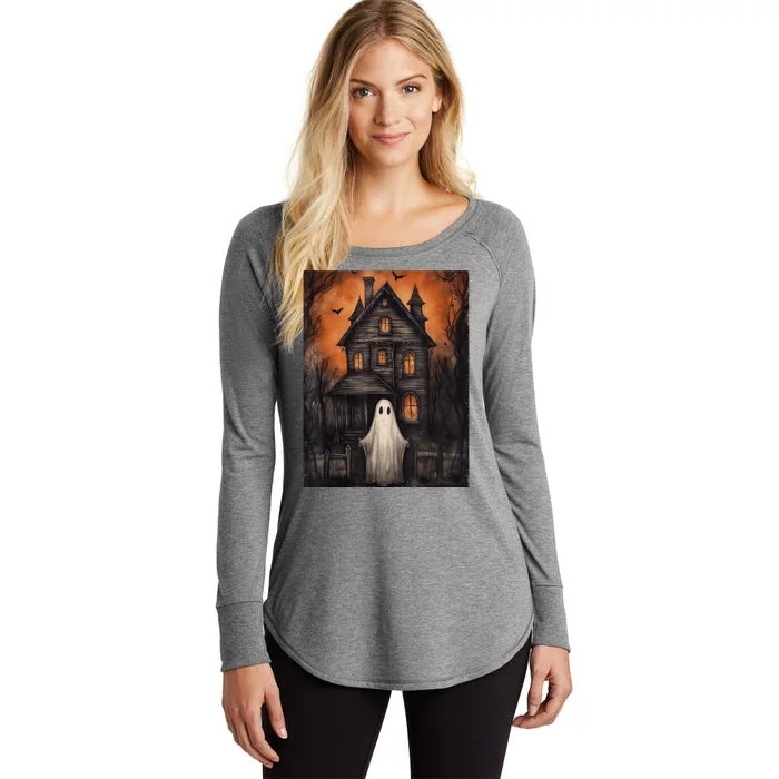 Vintage Ghost Haunted House Halloween Spooky Women's Perfect Tri Tunic Long Sleeve Shirt