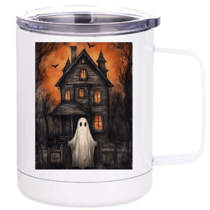 Vintage Ghost Haunted House Halloween Spooky Front & Back 12oz Stainless Steel Tumbler Cup