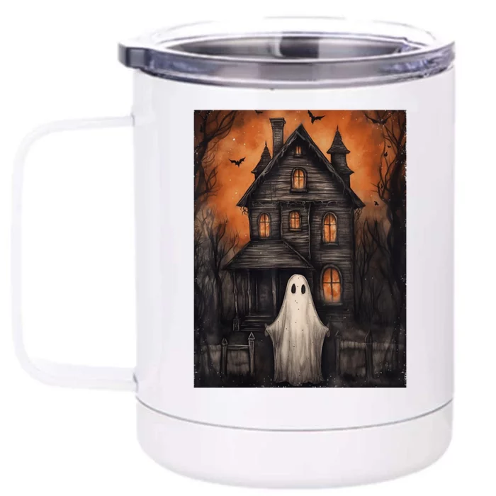 Vintage Ghost Haunted House Halloween Spooky Front & Back 12oz Stainless Steel Tumbler Cup