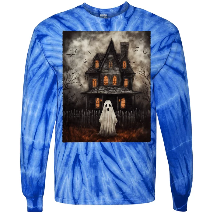 Vintage Ghost Haunted House Midnight Halloween Ghost Spooky Tie-Dye Long Sleeve Shirt