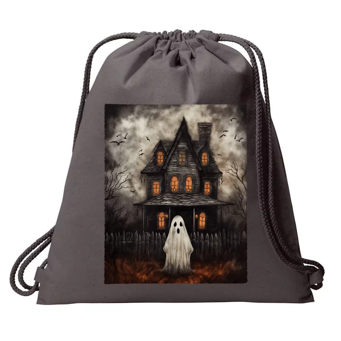 Vintage Ghost Haunted House Midnight Halloween Ghost Spooky Drawstring Bag