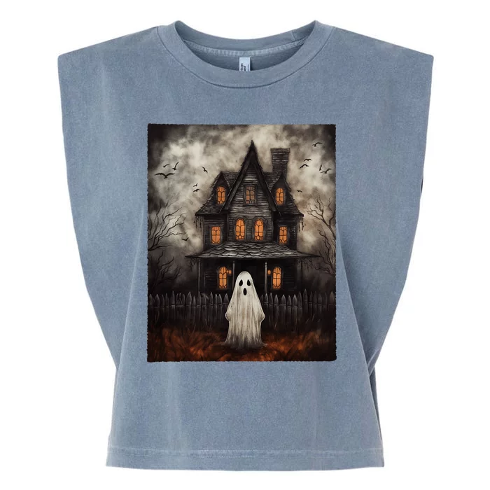 Vintage Ghost Haunted House Midnight Halloween Ghost Spooky Garment-Dyed Women's Muscle Tee