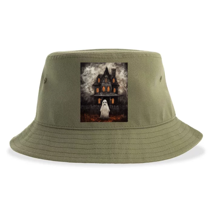 Vintage Ghost Haunted House Midnight Halloween Ghost Spooky Sustainable Bucket Hat