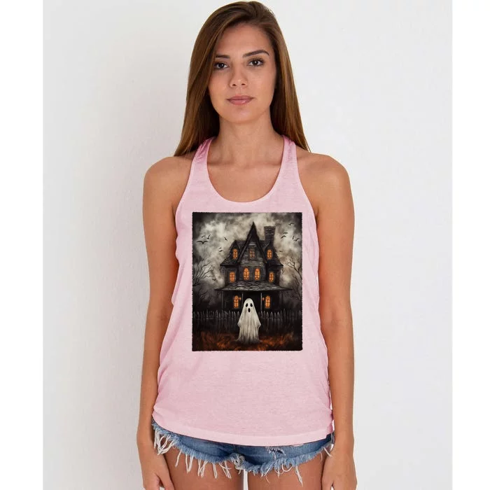 Vintage Ghost Haunted House Midnight Halloween Ghost Spooky Women's Knotted Racerback Tank