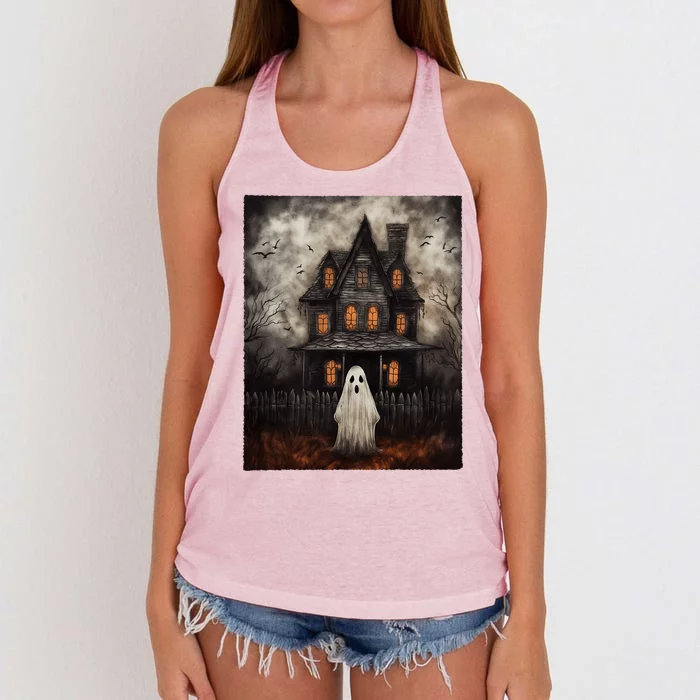 Vintage Ghost Haunted House Midnight Halloween Ghost Spooky Women's Knotted Racerback Tank