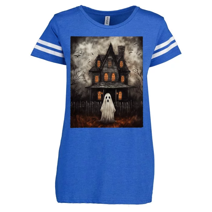 Vintage Ghost Haunted House Midnight Halloween Ghost Spooky Enza Ladies Jersey Football T-Shirt