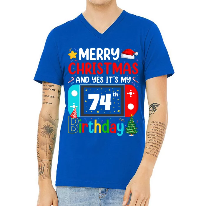 Video Game Lover Merry Christmas Yes ItS My 74th Birthday Gift V-Neck T-Shirt