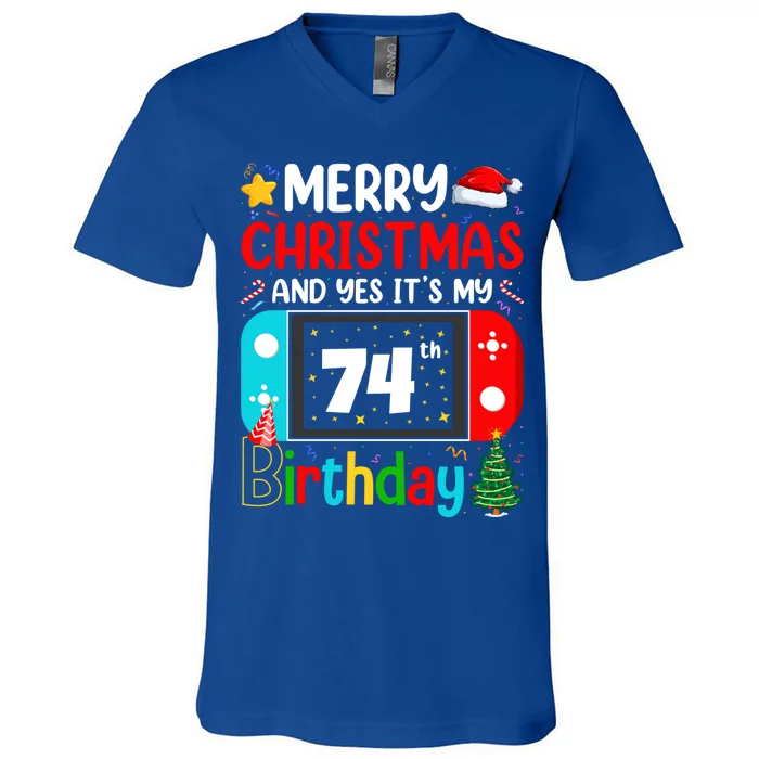 Video Game Lover Merry Christmas Yes ItS My 74th Birthday Gift V-Neck T-Shirt