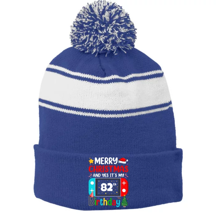 Video Game Lover Merry Christmas Yes ItS My 82th Birthday Great Gift Stripe Pom Pom Beanie