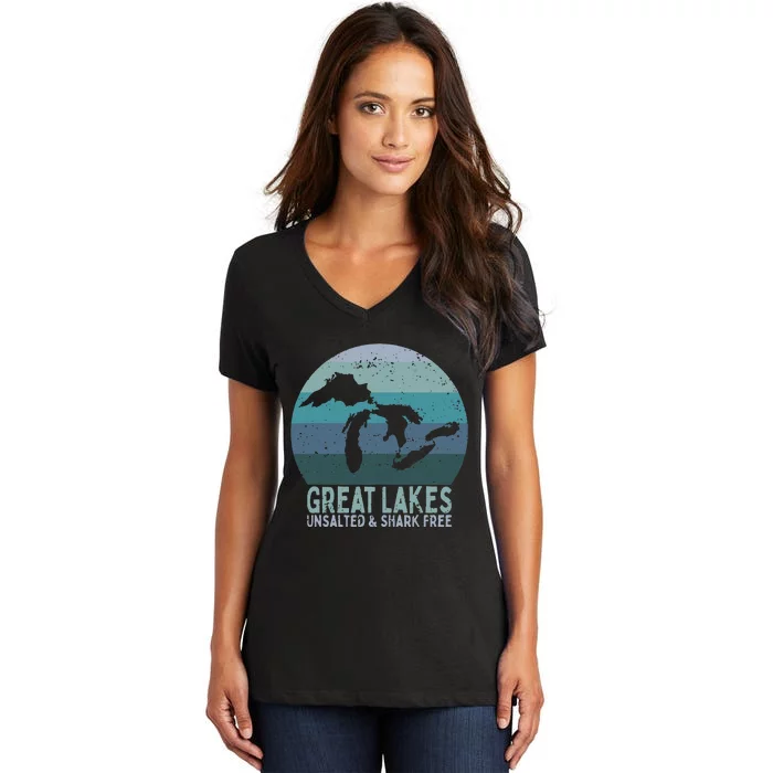 Vintage Great Lakes Unsalted and Shark Free Lake Life Women's V-Neck T-Shirt