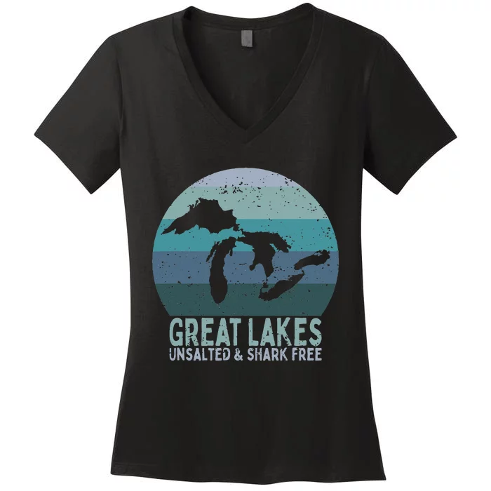 Vintage Great Lakes Unsalted and Shark Free Lake Life Women's V-Neck T-Shirt