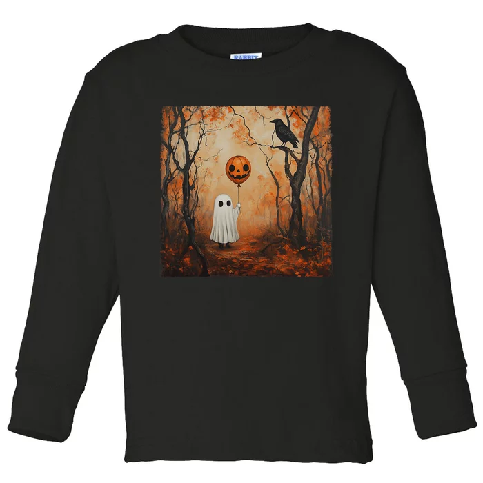 Vintage Ghost Pumpkin Gothic Halloween Ghost Spooky Season Toddler Long Sleeve Shirt