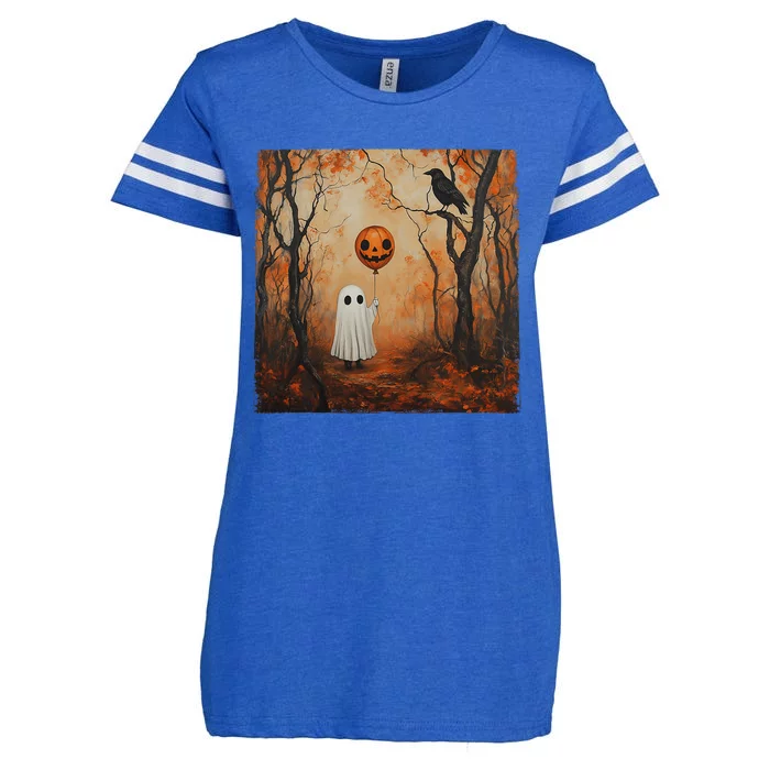 Vintage Ghost Pumpkin Gothic Halloween Ghost Spooky Season Enza Ladies Jersey Football T-Shirt