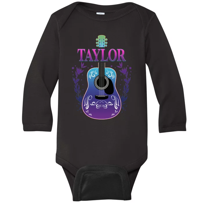 Vintage Guitar Personalized Taylor Name Design Baby Long Sleeve Bodysuit