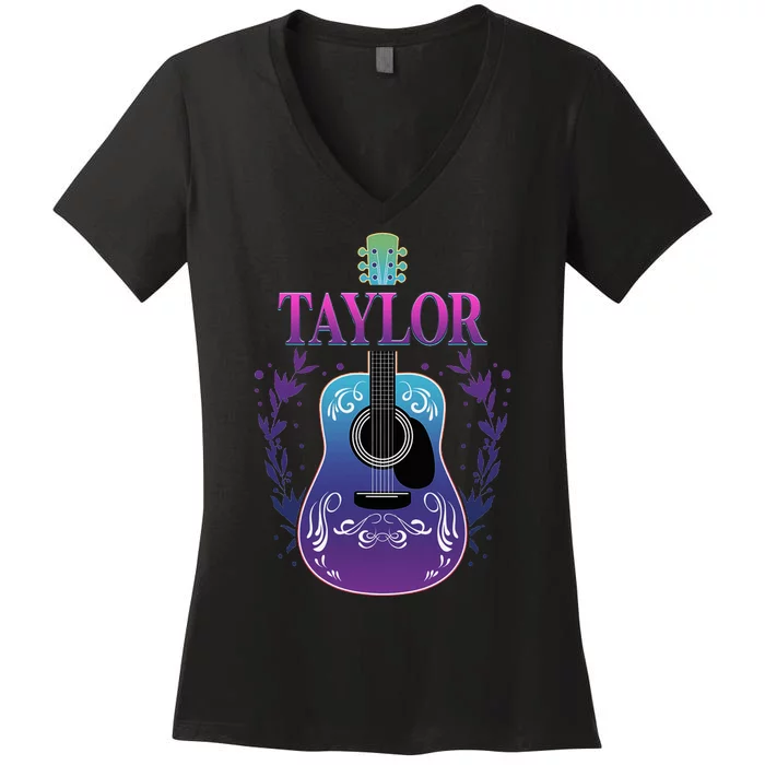 Vintage Guitar Personalized Taylor Name Design Women's V-Neck T-Shirt