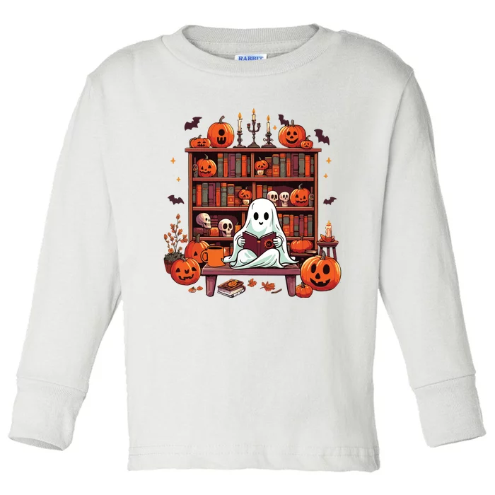 Vintage Ghost Reading Books Teacher Librarian Halloween Toddler Long Sleeve Shirt