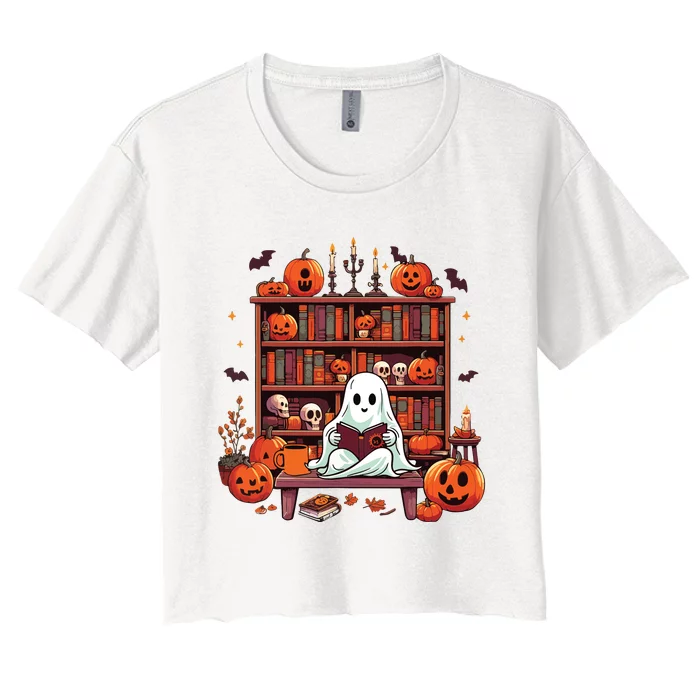 Vintage Ghost Reading Books Teacher Librarian Halloween Women's Crop Top Tee