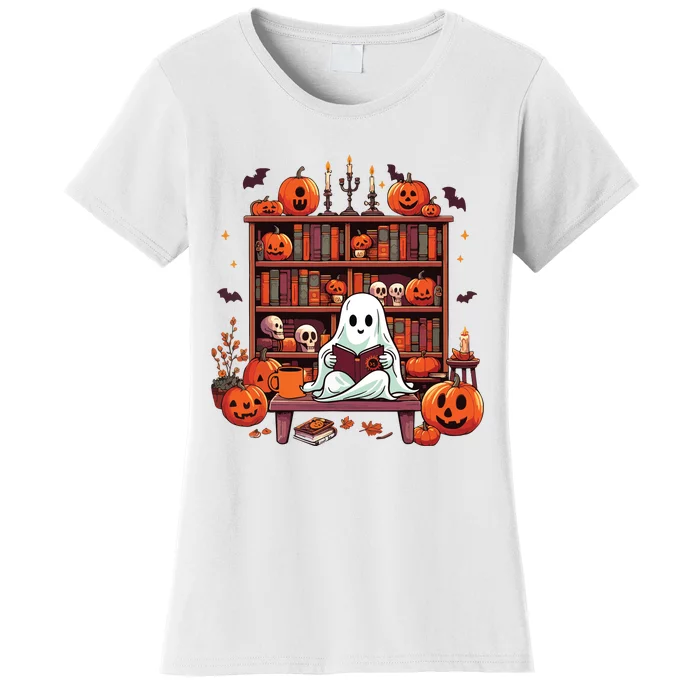 Vintage Ghost Reading Books Teacher Librarian Halloween Women's T-Shirt