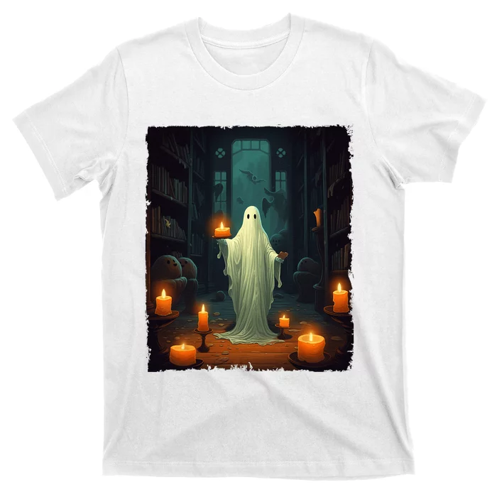 Vintage Ghost Reading Book Librarian Halloween Teachers T-Shirt