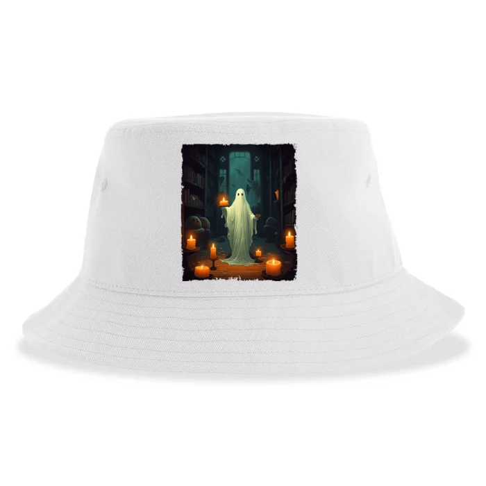 Vintage Ghost Reading Book Librarian Halloween Teachers Sustainable Bucket Hat