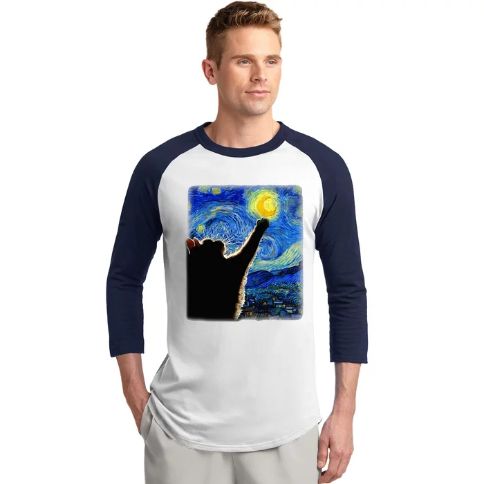 Van Gogh Starry Night Cat Baseball Sleeve Shirt