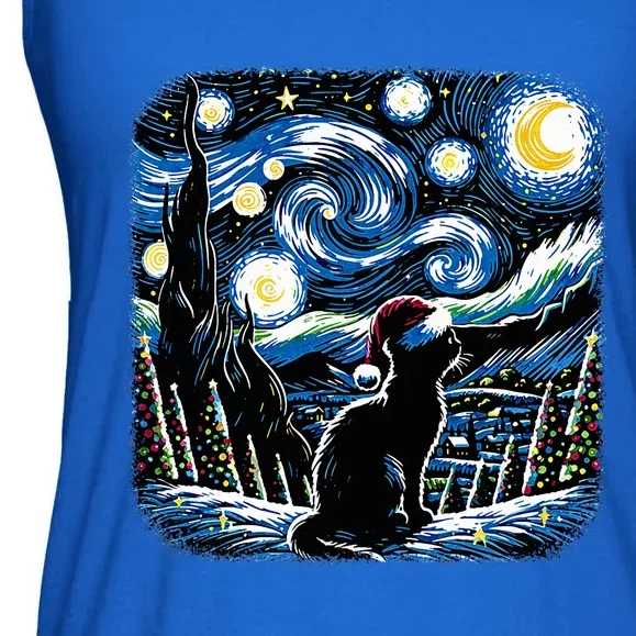 Van Gogh Starry Night Festive Christmas Black Cat Santa Hat Ladies Essential Flowy Tank