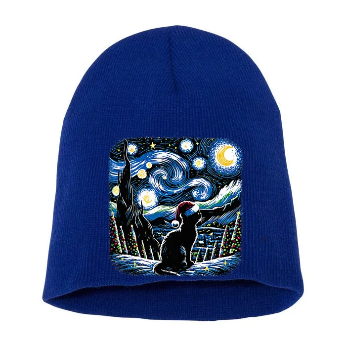 Van Gogh Starry Night Festive Christmas Black Cat Santa Hat Short Acrylic Beanie