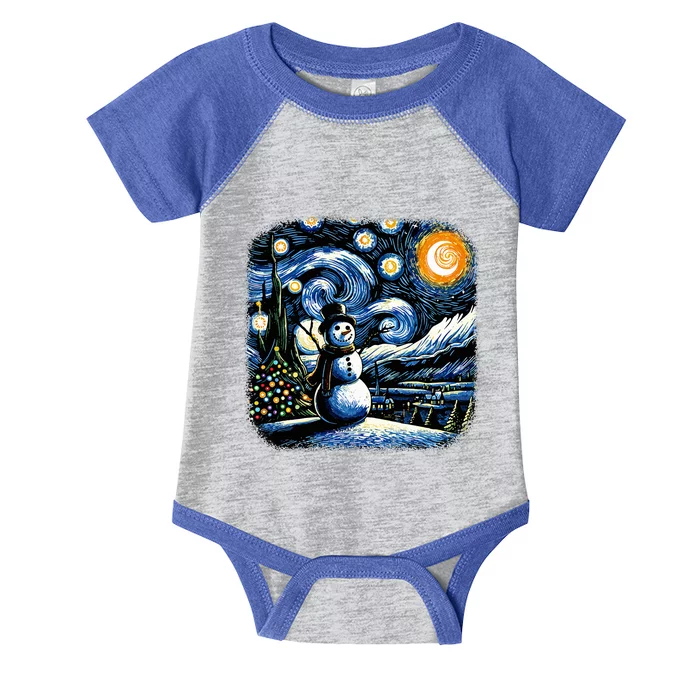 Van Gogh Starry Night Christmas Snowman Winter Snowy Night Infant Baby Jersey Bodysuit