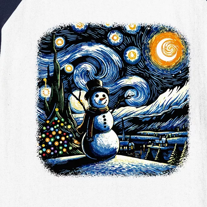 Van Gogh Starry Night Christmas Snowman Winter Snowy Night Baseball Sleeve Shirt