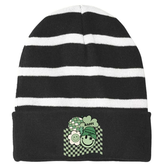 Vintage Groovy Shamrock Smile Face St Patricks Day Hippie Striped Beanie with Solid Band