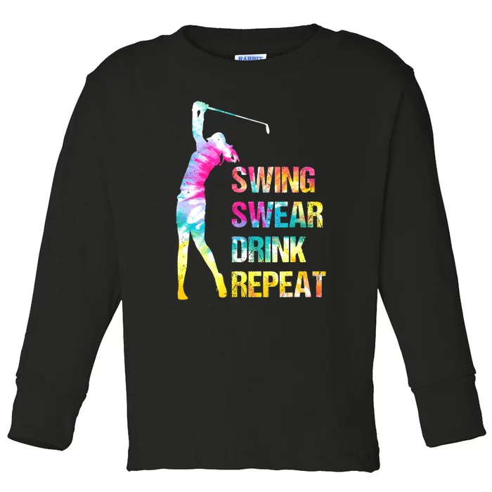 Vintage Golf Swing Swear Drink Repeat Funny Toddler Long Sleeve Shirt