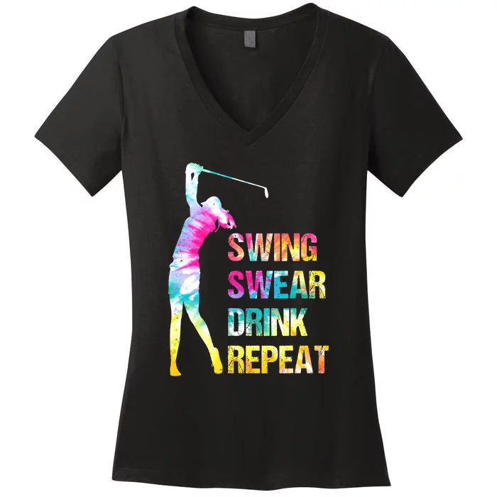 Vintage Golf Swing Swear Drink Repeat Funny Women's V-Neck T-Shirt