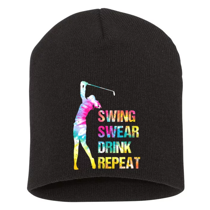 Vintage Golf Swing Swear Drink Repeat Funny Short Acrylic Beanie