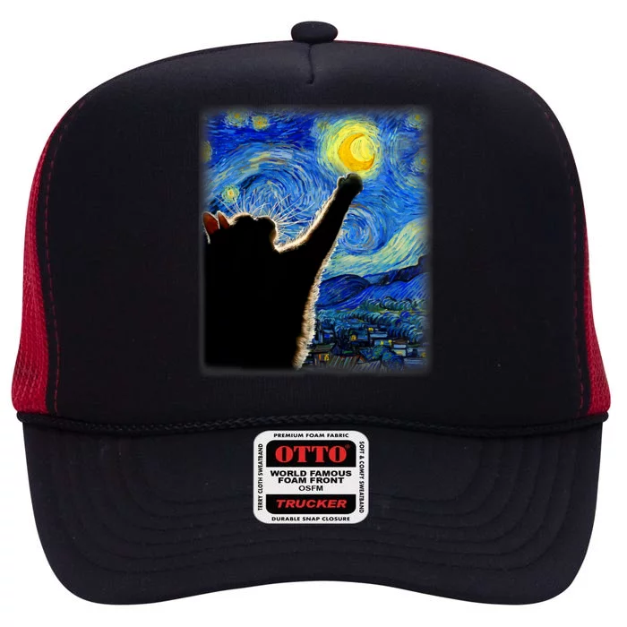 Van Gogh Starry Night Cat Classic Fit Cat Lover Mom Dad Gift Black High Crown Mesh Trucker Hat