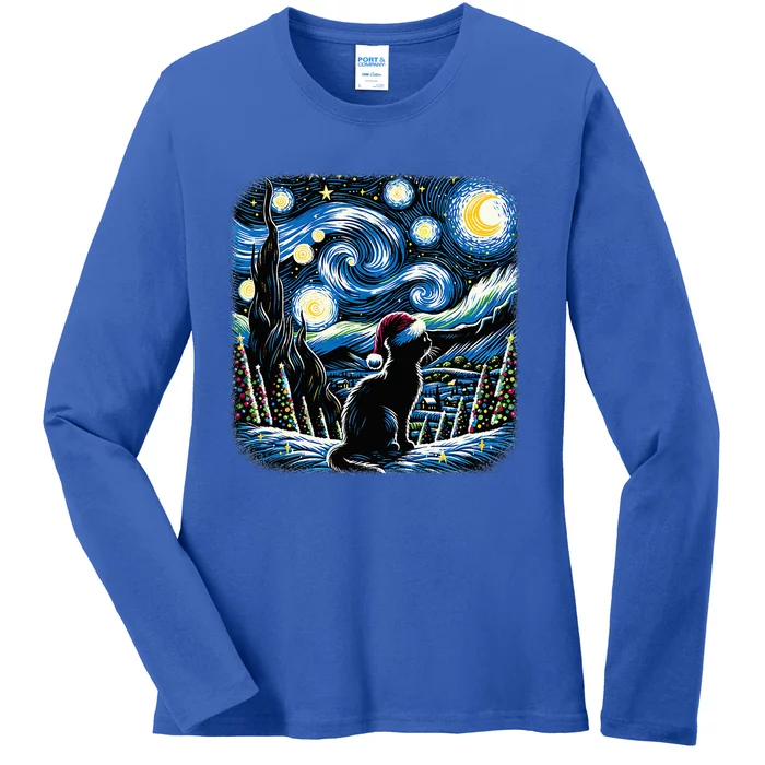 Van Gogh Starry Night Festive Christmas Black Cat Santa Hat Ladies Long Sleeve Shirt