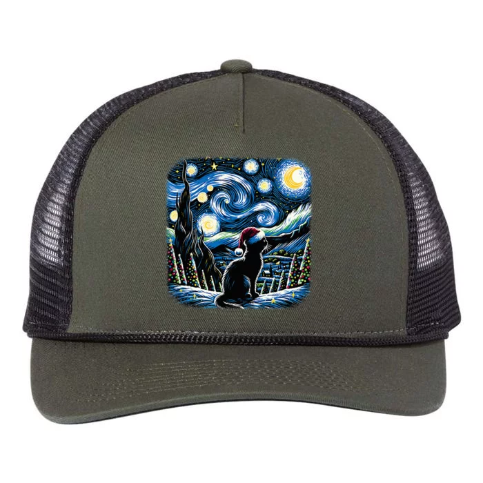 Van Gogh Starry Night Festive Christmas Black Cat Santa Hat Retro Rope Trucker Hat Cap